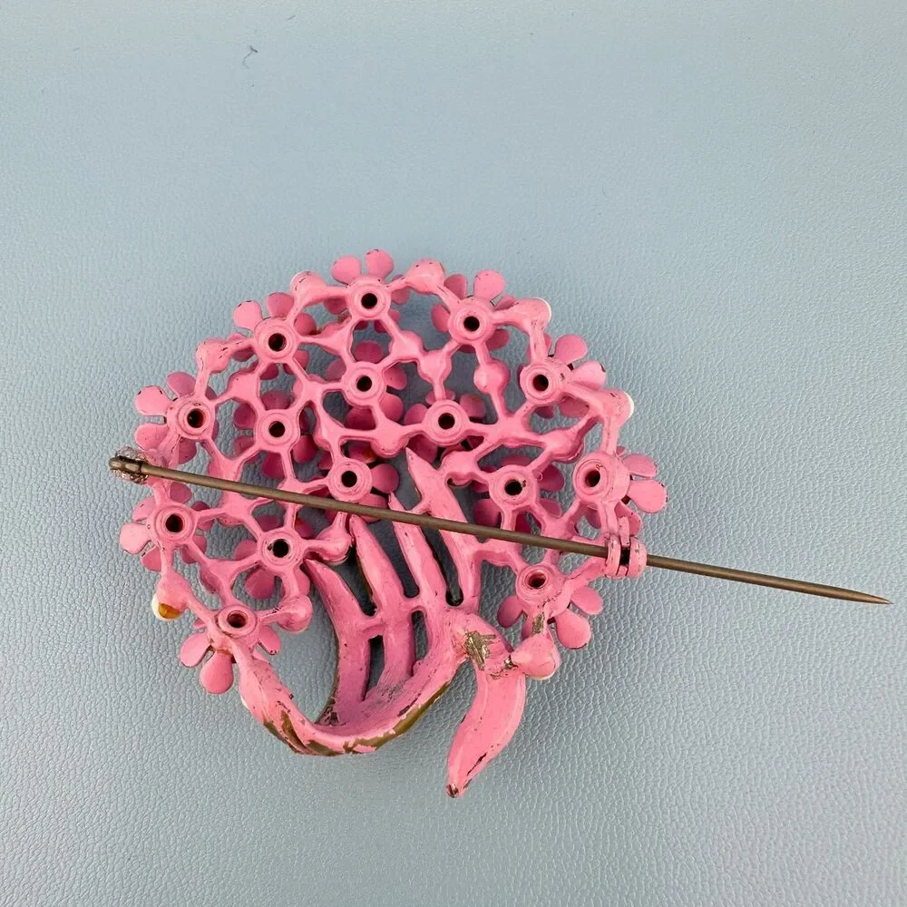 Vintage Rhinestone Flower Brooch Pink Japanned Enamel Floral Spray Bouquet 2